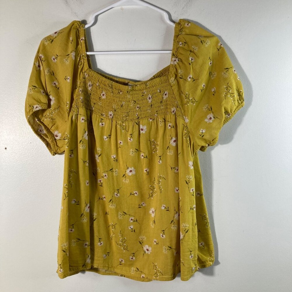 Womens Old Navy Puff Sleeve Ruched Top Floral Blouse Mustard XS Cotton‎ Rayon